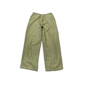 Real Comfort 100% Linen Wide Leg Pants Olive Green Size 8 Button Fly Drawstring